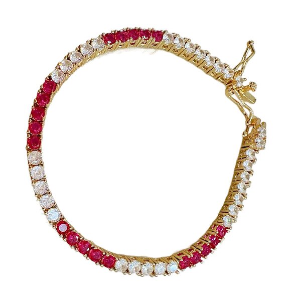 Two-Tone Simulated Ruby and Diamondette 18K Gold Plated Tennis Bracelet - Picture 4 of 4